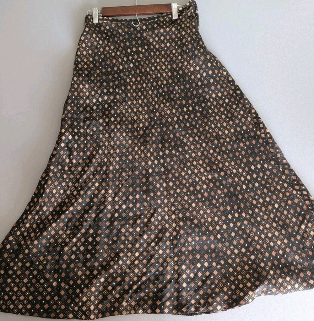 Valerie Stevens Women's A-Line Linen Silk Skirt Brown Black Geometric Sz 10 Midi